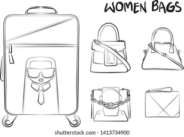 Set of fashionable women's bags(coloring book).  Vector sketch illustration isolated on a white background. 
Different types of stylish bags, satchel, saddle, hobo, doctor, clutch, duffel, tote, barre