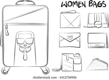 Set of fashionable women's bags(coloring book).  Vector sketch illustration isolated on a white background. 
Different types of stylish bags, satchel, saddle, hobo, doctor, clutch, duffel, tote, barre