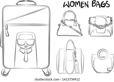 Set of fashionable women's bags(coloring book).  Vector sketch illustration isolated on a white background. 
Different types of stylish bags, satchel, saddle, hobo, doctor, clutch, duffel, tote, barre