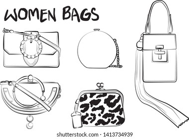 Set of fashionable women's bags(coloring book).  Vector sketch illustration isolated on a white background. 
Different types of stylish bags, satchel, saddle, hobo, doctor, clutch, duffel, tote, barre