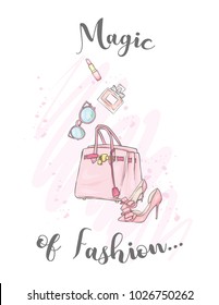 A set of fashionable women's clothing and accessories. Bag, shoes with heels, lipstick, perfume and glasses. Vector illustration. Fashion & Style.