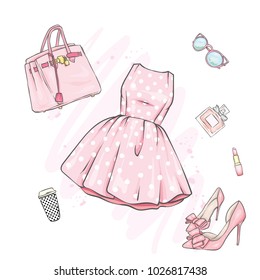 A set of fashionable women's clothing and accessories. Dress, bag, shoes with heels, lipstick, perfume and glasses. Vector illustration. Fashion & Style.