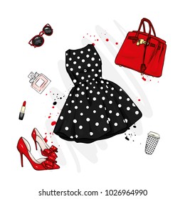 A set of fashionable women's clothing and accessories. Dress, bag, shoes with heels, lipstick, perfume and glasses. Vector illustration. Fashion & Style.