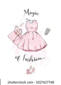 A set of fashionable women's clothing and accessories. Dress, bag, shoes with heels, lipstick, perfume and glasses. Vector illustration. Fashion & Style.