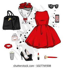 A set of fashionable women's clothing and accessories. Dress, bag, shoes with heels, lipstick, perfume and glasses. Vector illustration. Fashion & Style.