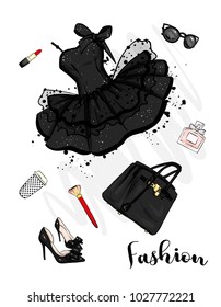 A set of fashionable women's clothing and accessories. Dress, bag, shoes with heels, lipstick, perfume and glasses. Vector illustration. Fashion & Style.