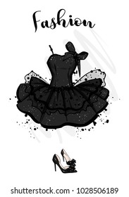 A set of fashionable women's clothing and accessories. Dress and shoes. Vector illustration. Fashion & Style.