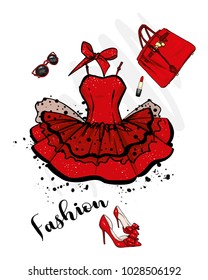 A set of fashionable women's clothing and accessories. Dress, bag, shoes with heels, lipstick, perfume and glasses. Vector illustration. Fashion & Style.