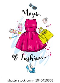 A Set Of Fashionable Women's Clothing And Accessories. Dress, Bag, Shoes With Heels, Lipstick, Perfume And Glasses. Vector Illustration. Fashion & Style.