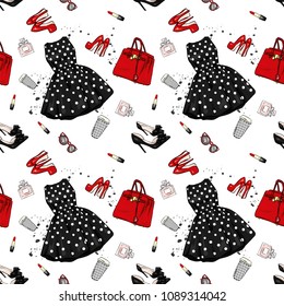 A set of fashionable women's clothing and accessories. Dress, bag, shoes with heels, lipstick, perfume and glasses. Vector illustration. Fashion & Style. Background.