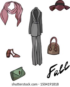 A set of fashionable women's clothing and accessories. Vector illustration for a card or poster. Fashion & Style.