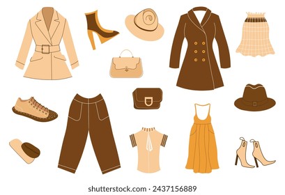 Set of a fashionable women's clothing and accessories. Vector illustration.