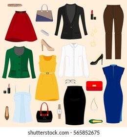 Set of a fashionable women's clothing and accessories. Vector illustration.