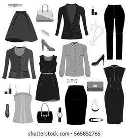 Set of a fashionable women's clothing and accessories. In gray tones. Vector illustration.