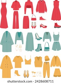 set of fashionable women's clothing in flat style on white background vector