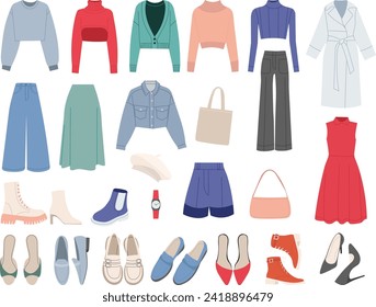 set of fashionable women's clothing on a white background, vector