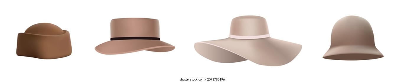 Set of fashionable women's hats with wide and short brims of powdery and beige on a white background. Isolated illustration of a woman's hat