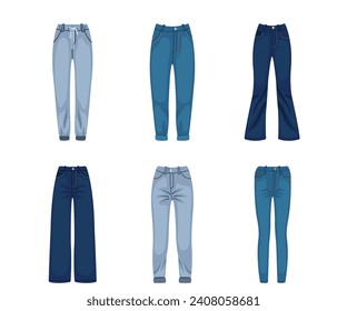 Set of fashionable women's pants, jeans in cartoon style. Vector illustration of different types of stylish women's pants: sports, jeans, cloches, skinny, straight cut isolated on white background.