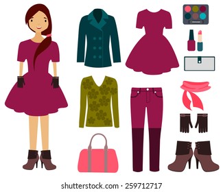 Set of fashionable women's spring clothing and accessories. Vector illustration 