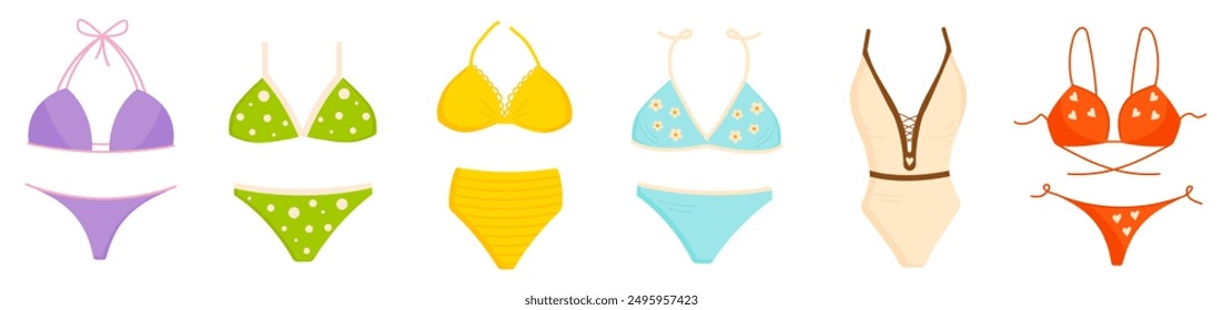 Set of fashionable women's swimsuits. Various colored fashionable summer models of swimsuits. Summer vacation clothes. Flat illustration isolated on white background. Vector illustration.