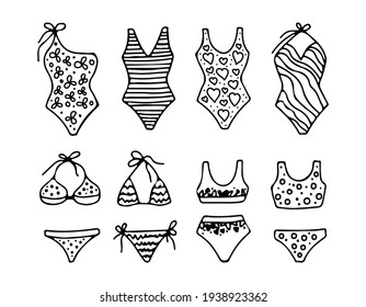 A set of fashionable women's swimwear of various styles and prints. Bikini, summer swimwear. Vector illustration hand drawn in outline style doodle. For design, print, postcard, poster, sticker.