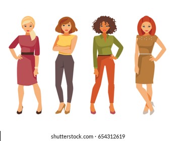 Set of fashionable young women in office clothes isolated on white background