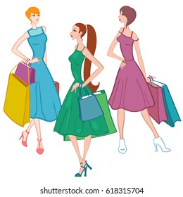 Set of Fasionable girls with shopping bags on white background. Shopper. Sales. Cartoon characters. Colorful vector illustration.