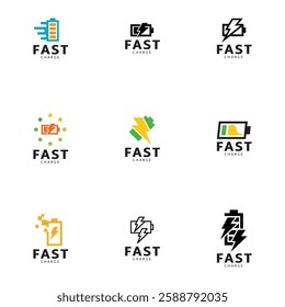 Set of Fast charging battery, Electric charge icon, Isolated on black background, Vector illustration