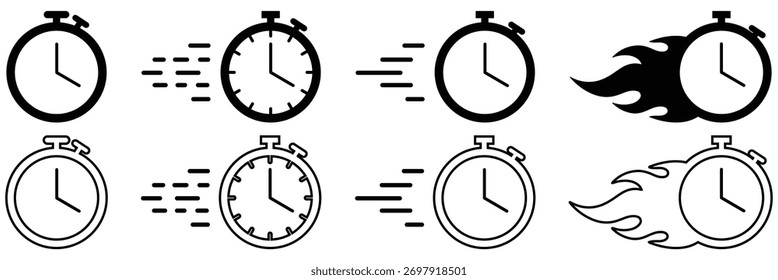 Set of fast clock icons in different motion styles like flame, glitch, and streaks. Useful for urgency, time management, express delivery, and deadline concepts Time fast icon editable Design template