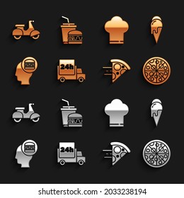 Set Fast delivery by car, Ice cream, Pizza, Online ordering pizza, and, Chef hat, Scooter and Paper glass burger icon. Vector