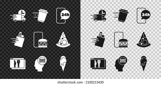 Set Fast delivery by car, Coffee cup to go, Food ordering, Online and, Ice cream,  and  icon. Vector