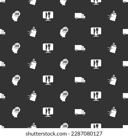 Set Fast delivery by car, Online ordering and,  and Cafe restaurant location on seamless pattern. Vector