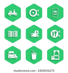 Set Fast delivery by car, Paper glass with water, Online ordering and, Cafe restaurant location, Restaurant cafe menu,  and Scooter icon. Vector