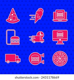 Set Fast delivery by car, Online ordering burger, Pizza, and,  and Slice of pizza icon. Vector