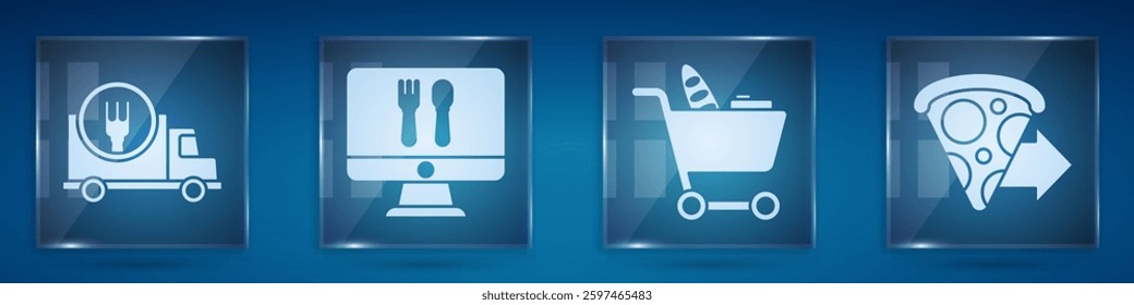 Set Fast delivery by car, Online ordering and delivery, Shopping cart and food and Online ordering pizza delivery. Square glass panels. Vector