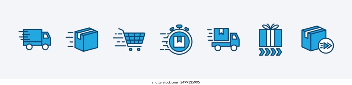 Set of fast delivery icon. Express, speed or quick shipping. Containing package, parcel, cargo, truck, shopping cart, time, moving. Vector illustration