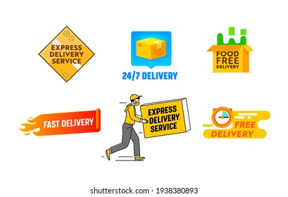 Set Fast Delivery Logo Isolated on White Background. Logistics Company Emblem in Minimal Style, Freight and Goods Shipping Service, Parcels and Food Order Transportation Labels. Vector Illustration