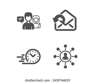 Set of Fast delivery, Send mail and People talking icons. Networking sign. Stopwatch, Sent message, Contact service. Business communication.  Classic design fast delivery icon. Flat design. Vector
