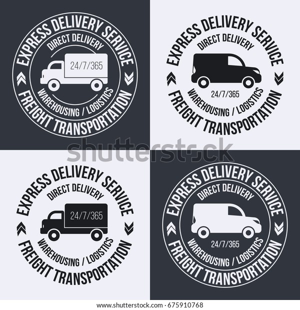 Set of fast delivery\
service Label Layout. Freight Transportation label, emblem vector\
illustration.