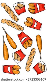 Un conjunto de comida rápida y diferentes hot dogs, rosquilla retorcida, patatas fritas y tostadas francesas en un paquete de papel rojo