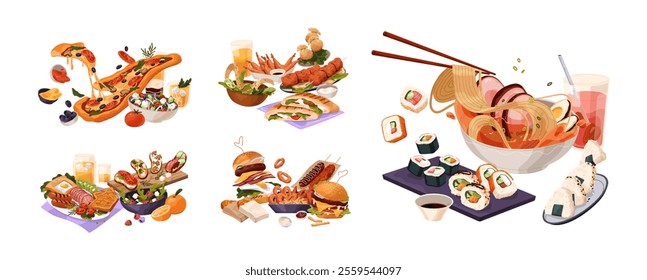 Set of fast food. American, Italian, Asian cuisine fastfood. Different delicious eating, tasty meals. Burger, sushi, pizza, noodle, salad. Flat isolated vector illustrations on white background