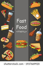 Set of fast food. American food menu restaurant on a black background. Use for poster, print, flyer, brochure. Vector background with junk food for menu and advertising or packaging.