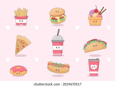 Set of Fast food Background Vector Illustration With Foods For Burger, Pizza, Donuts, French Fries, Hot Dog or Cola. Meal Unhealthy And Not Nutritious 