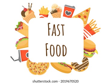 Set of Fast food Background Vector Illustration With Foods For Burger, Pizza, Donuts, French Fries, Hot Dog or Cola. Meal Unhealthy And Not Nutritious 