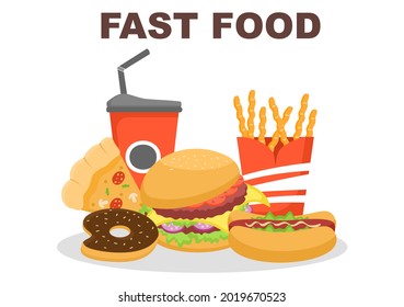 Set of Fast food Background Vector Illustration With Foods For Burger, Pizza, Donuts, French Fries, Hot Dog or Cola. Meal Unhealthy And Not Nutritious 