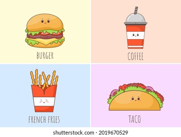 Set of Fast food Background Vector Illustration With Foods For Burger, Pizza, Donuts, French Fries, Hot Dog or Cola. Meal Unhealthy And Not Nutritious 