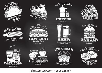 Set of fast food badge on the chalkboard. Vector Vintage design with hotdog, burger, pizza for cafe, restaurant, pub or fast food business. Template for restaurant identity objects, packaging and menu