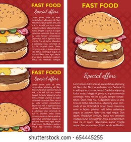 set of fast food banners using burger with egg illustration with dummy text for the information