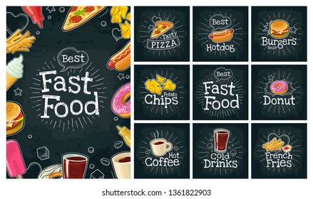 Set fast food and bubble. Cola, coffee, hamburger, hotdog, fry potato, ketchup, pizza, chips, donut. Vector color flat icon on black chalkboard. Vintage white chalk vintage rays, lettering, bubble