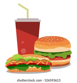 Set of fast food. Burger with beef, hot dog and soda. Vector illustration isolated on white background.
